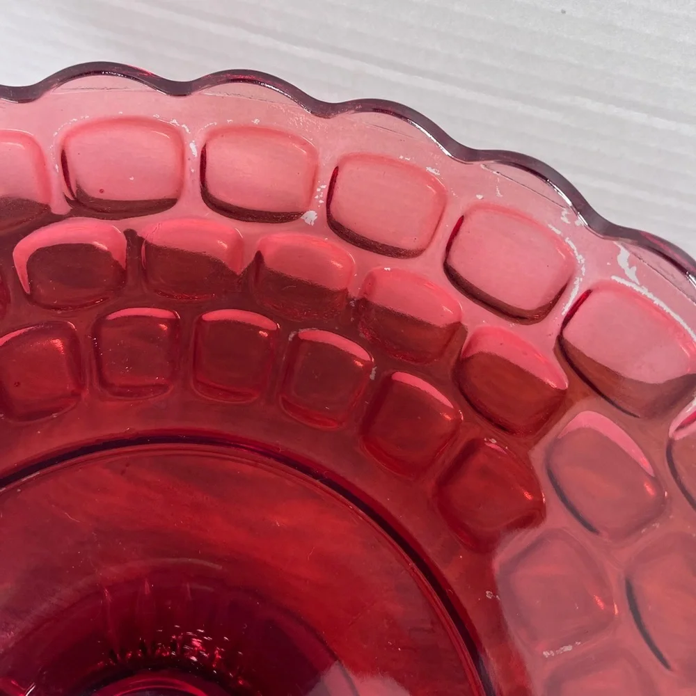 Vintage Federal Glass Yorktown Colonial Ruby Red Thumbprint Footed Bowl 10”